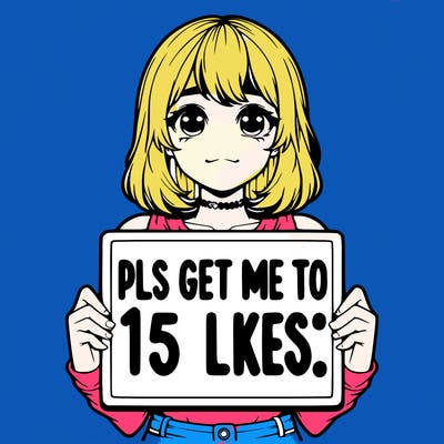 realistic girl holding up a sign that says “pls get me to 15 likes!”