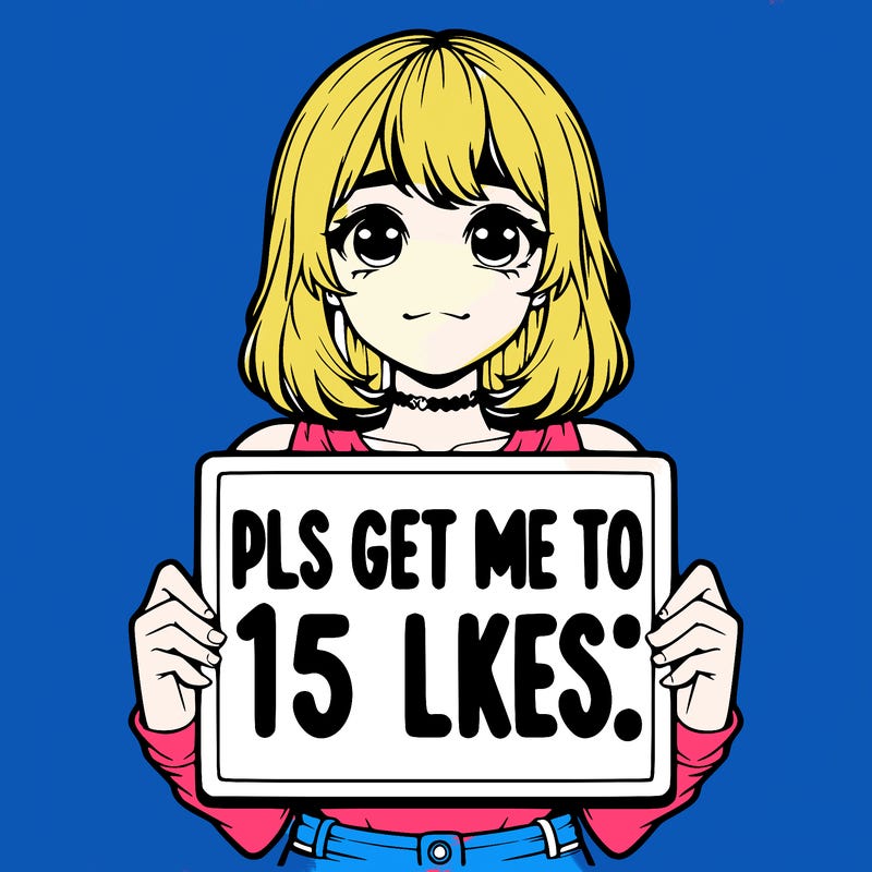 realistic girl holding up a sign that says “pls get me to 15 likes!”