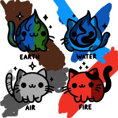 4 cats that represent the different elements, earth, water, air, and fire