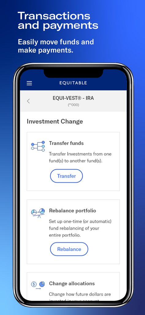Equitable Mobile App screen showing investment management options like transferring funds and rebalancing portfolios.