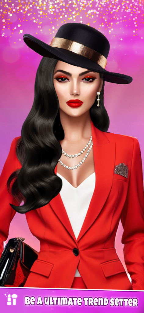 Makeup Game - Fashion Makeover - Uma modelo de moda estilosa usando um blazer vermelho e chapéu preto do aplicativo Makeup Game Fashion Makeover