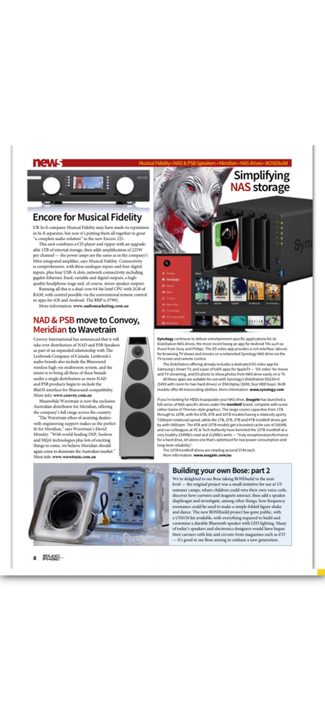 「サウンド・アンド・イメージ」アプリの雑誌ページ。ハイエンドオーディオ機器とNASストレージソリューションに関する記事が掲載されています。