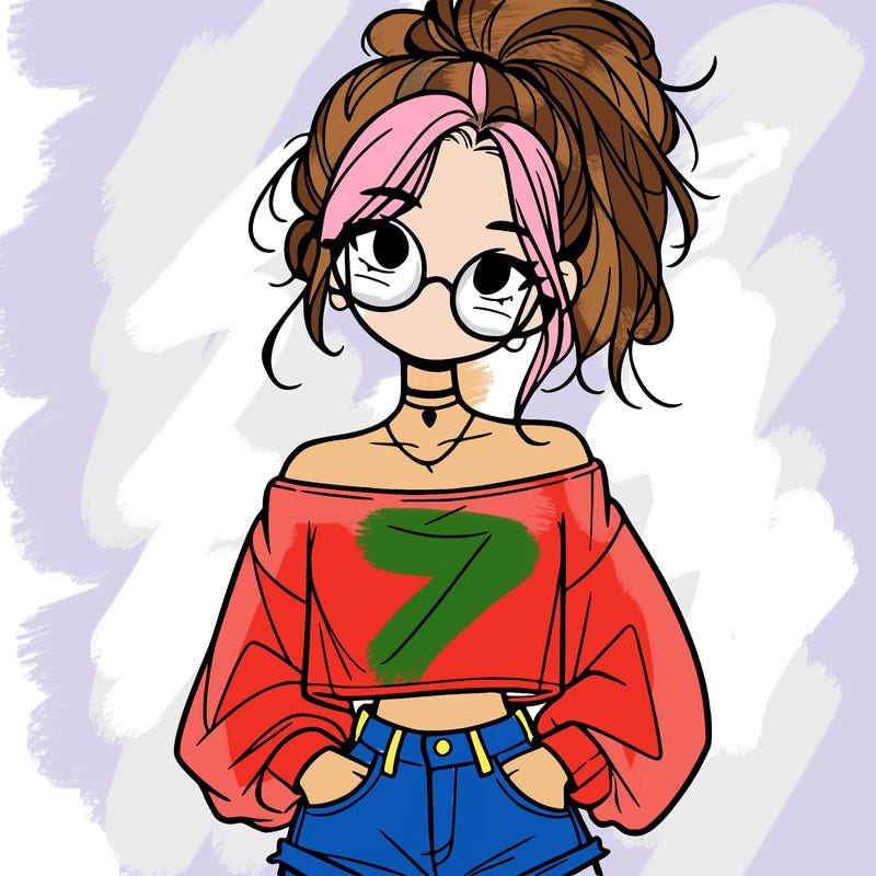 girl with a messy ponytail glasses a baggy crop top and jean shorts