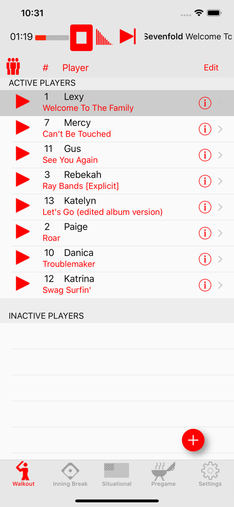 Walkout Song DJ - List of active players and their assigned walkout songs in the Walkout Song DJ app