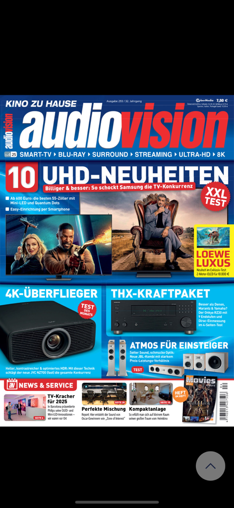 audiovision/M! - Cover of Audiovision magazine featuring reviews of UHD TVs, 4K projectors, and home theater audio systems.