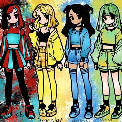 one girl with crop-top shirt and a jacket with a skirt, long socks and another girl with a shirt and pants with a jacket