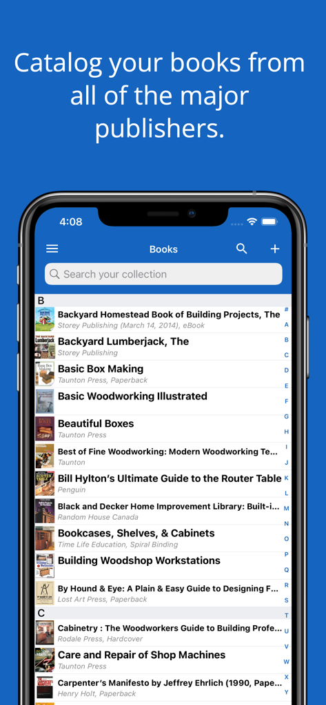 iCollect Books: Library List - Smartphone showing a list of books in the iCollect Books library app catalog.
