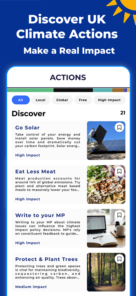 UK Zero: Climate & Energy App - A list of climate actions in the UK Zero app including solar energy and plant based diets