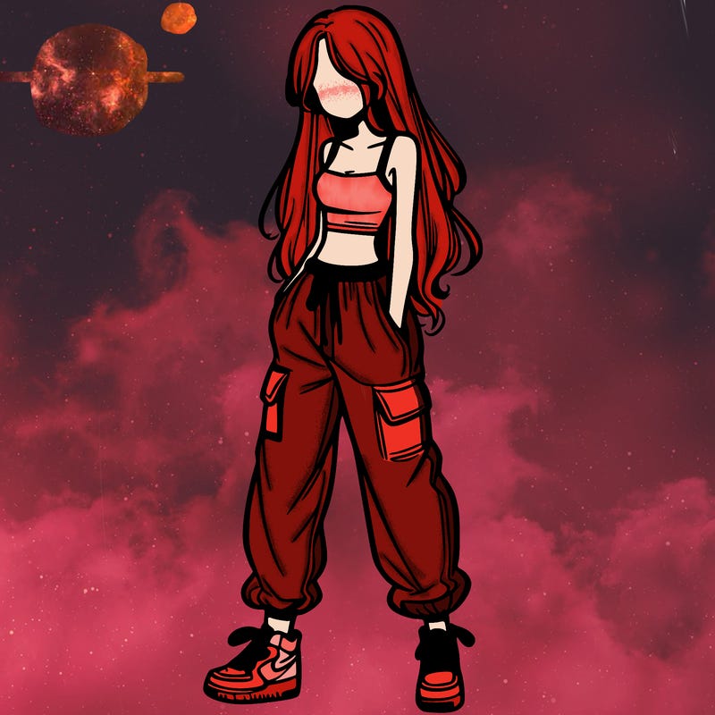 girl in baggy pants crop top and long hair