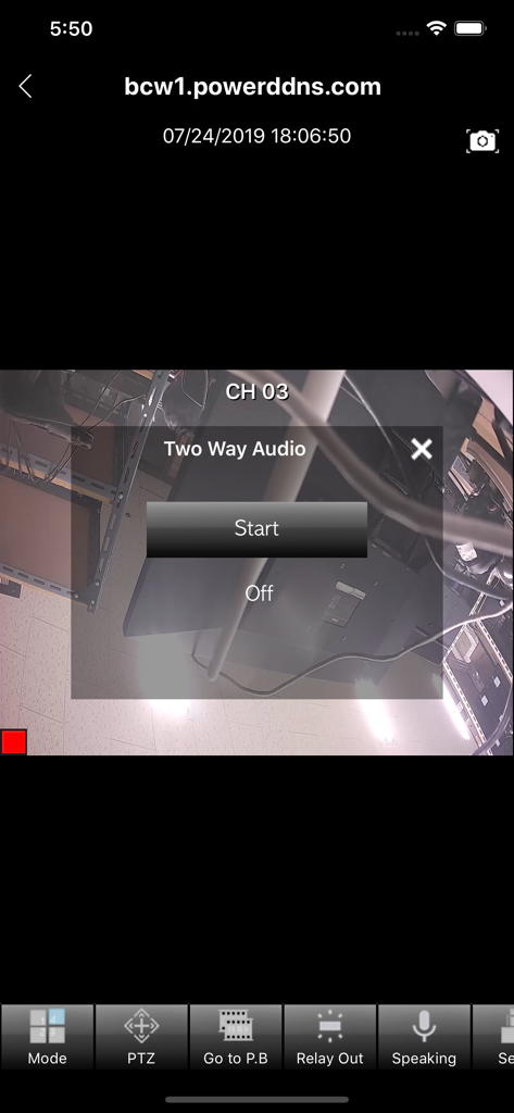 CCTV Smart Viewer - Sobreposição de controle de áudio bidirecional em um feed de câmera de segurança CCTV ao vivo.