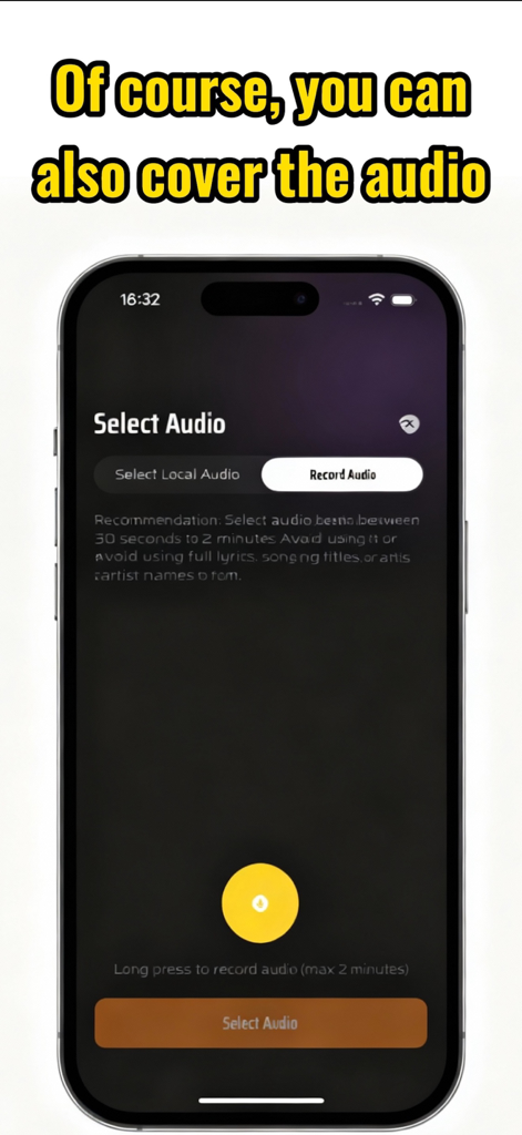 Songify: AI Music Generator - Interface do aplicativo Songify mostrando opções para gravar ou selecionar arquivos de áudio para covers de música de IA.