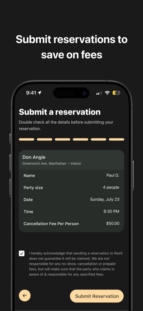 ResX - Schermata dell'app ResX per inviare una prenotazione di ristorante ed evitare penali di cancellazione