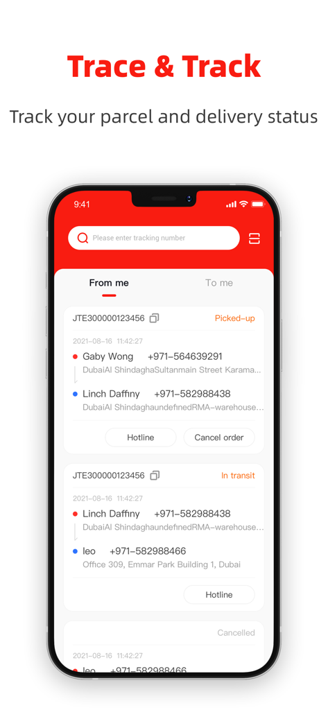 J&T Express Arab - Trace and track screen of the JT Express Arab app showing parcel delivery status