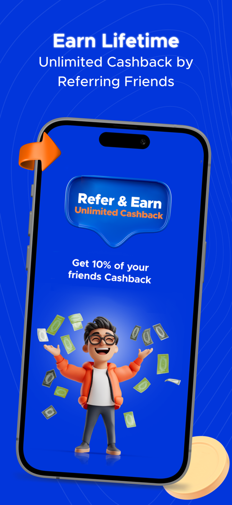 CashKaro - Cashback & Coupons - CashKaro app screen showing refer and earn 10 percent lifetime cashback offer