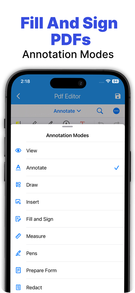 フィルおよびサインを含むPDF注釈ツールを示すiPhone画面