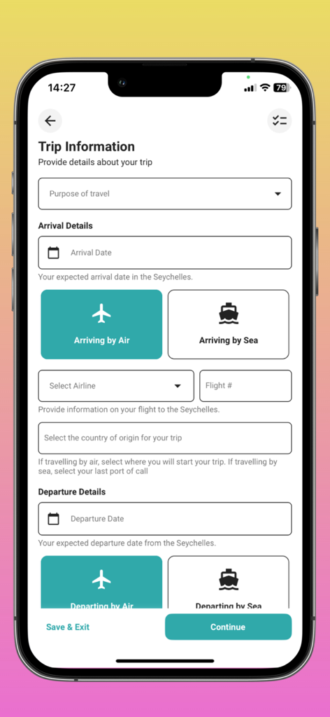 Screenshot of the Seychelles E-Border app showing the Trip Information form for entering arrival and departure details.