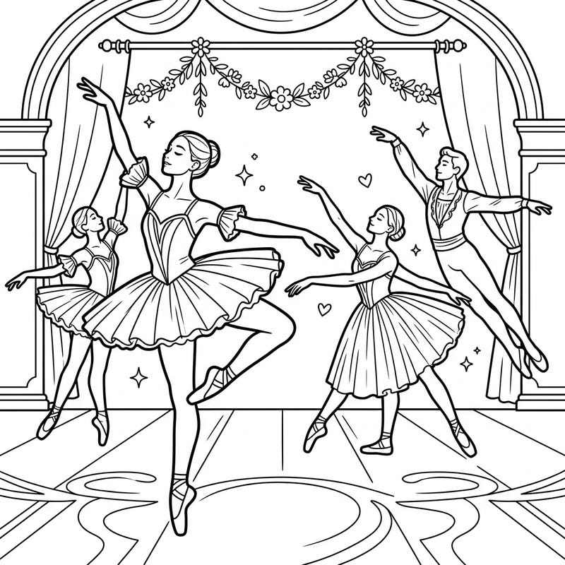 Delight in the beauty of ballet with this serene coloring page, specially designed for seniors. Capture the elegance of graceful dancers on a classic stage, perfect for relaxation and creative expression.