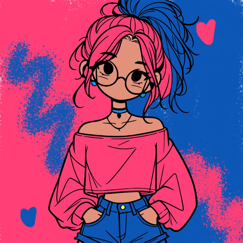 girl with a messy ponytail glasses a baggy crop top and jean shorts