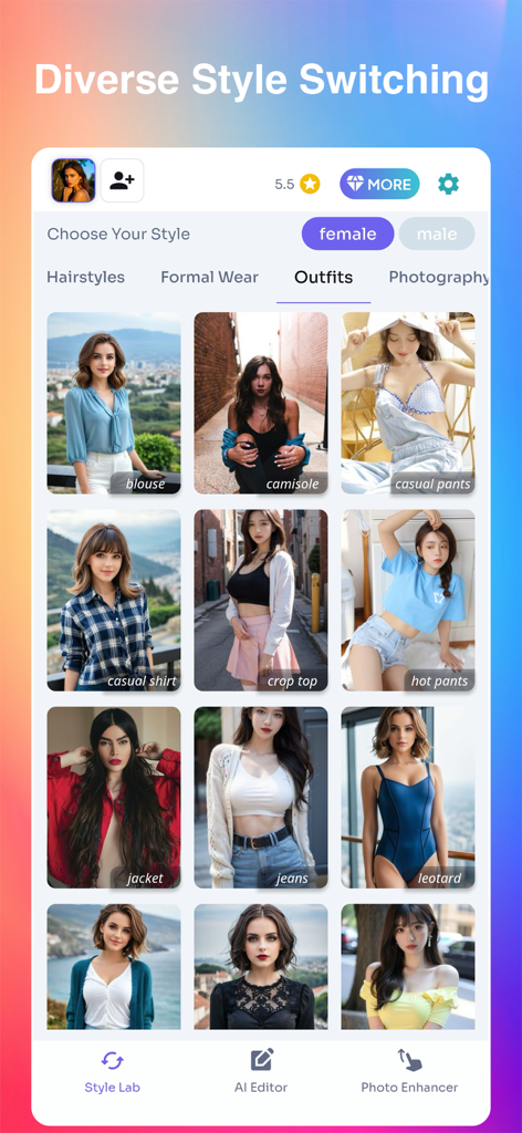 OLyne: AI Photo Editor, Art - OLyne AI photo editor interface showing diverse style switching and virtual outfit options for female users