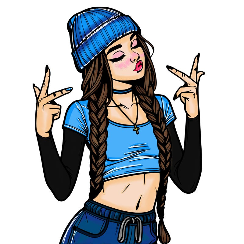 realistic teenage girl with braids and a beanie and crop top doing 🫶🏼