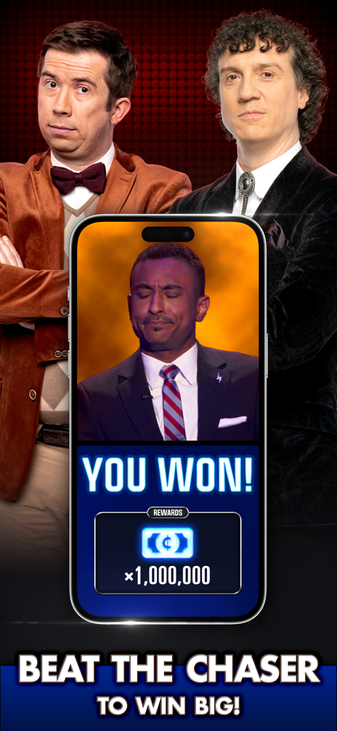 A smartphone showing a victory screen with a one million currency reward in The Chase World Tour game, featuring Chasers in the background.