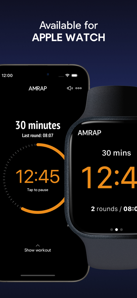 SmartWOD Workout Generator - SmartWODアプリのインターフェース。iPhoneとApple WatchにAMRAPワークアウトタイマーが表示されています。
