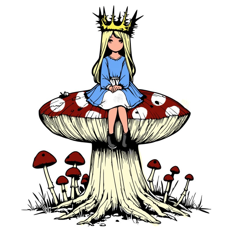 realistic girl sitting on a huge tree stump size toadstool with thorn crown