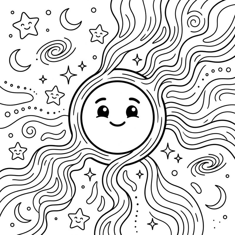 Embark on an intergalactic adventure with this adorable Hawking Radiation coloring page designed especially for kids. Featuring a cheerful cosmic character amid a galaxy of stars and moons, it's perfect for sparking young imaginations.