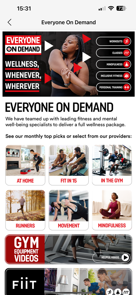 Everyone Active - Un menú de categorías de fitness y bienestar bajo demanda en la aplicación móvil Everyone Active