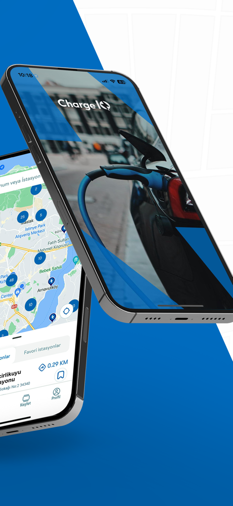 ChargeIQ-Tüm Şarj İstasyonları - ChargeIQ mobile App, die eine Karte von E-Auto-Ladestationen und einen Lade-Splashscreen für Fahrzeuge anzeigt