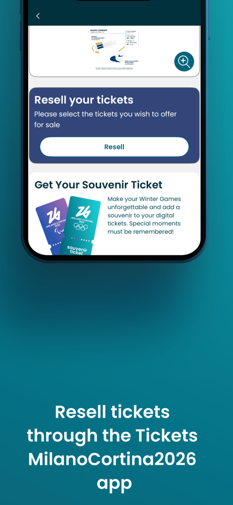 Tickets MilanoCortina2026 - Capture d'écran de l'application officielle de billetterie Milano Cortina 2026 montrant la revente de billets et les options de souvenirs.