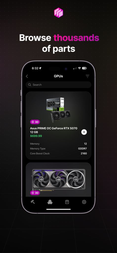 BuildCores app screen showing a list of graphics cards for PC building including an Asus RTX 5070
