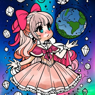 magical girl with floating orb in hand  crystals everywhere.