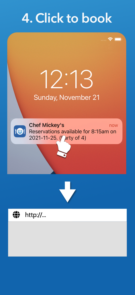 Stakeout - Smartphone notification for a Disney restaurant reservation with a click to book instruction