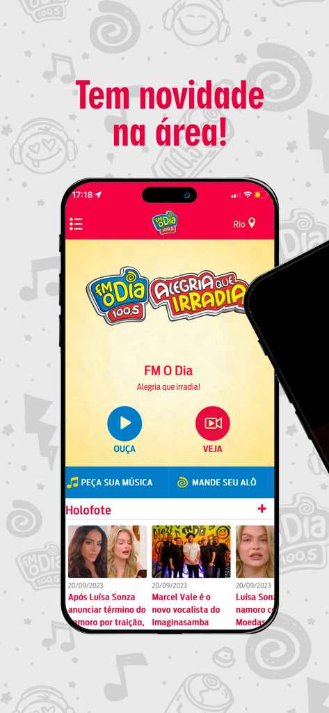 FM O Dia! - User interface of the FM O Dia mobile app featuring buttons to listen or watch live and a Brazilian entertainment news feed.