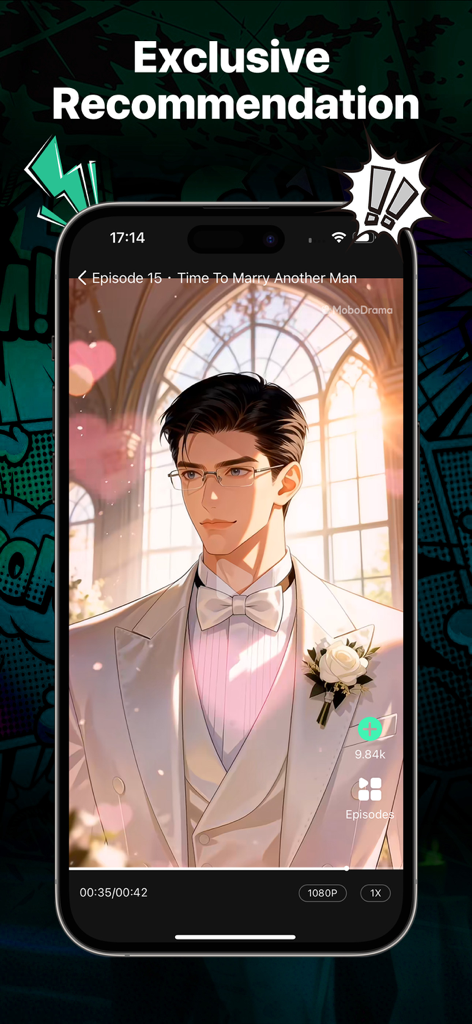 MoboDrama - AI Comic Dramas - MoboDramaアプリの画面。白いウェディングスーツを着たAI生成のアニメ男性を表示しています。