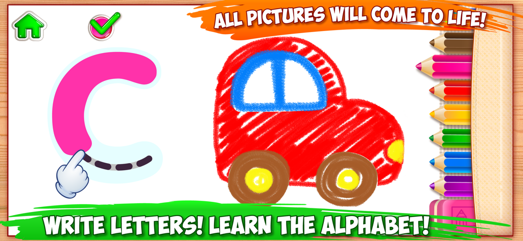 ABC Tracing Kids Drawing Games - Pantalla interactiva que muestra una mano trazando la letra C junto a un dibujo de un coche rojo