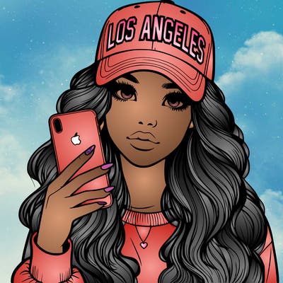 realistic beautiful girl wearing los ángeles cap holding an iphone