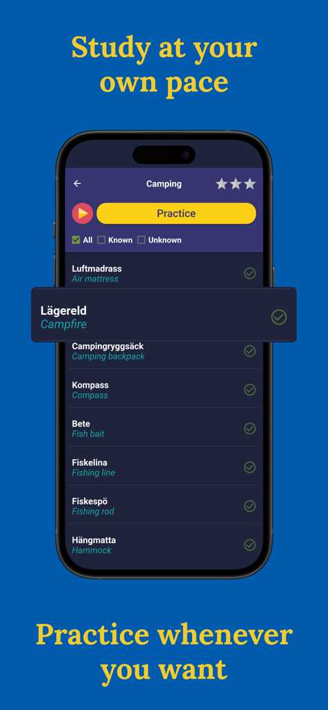 Learn Swedish (Beginners) - Pantalla de aplicación móvil que muestra una lista de palabras de vocabulario de camping en sueco con traducciones y un botón de práctica