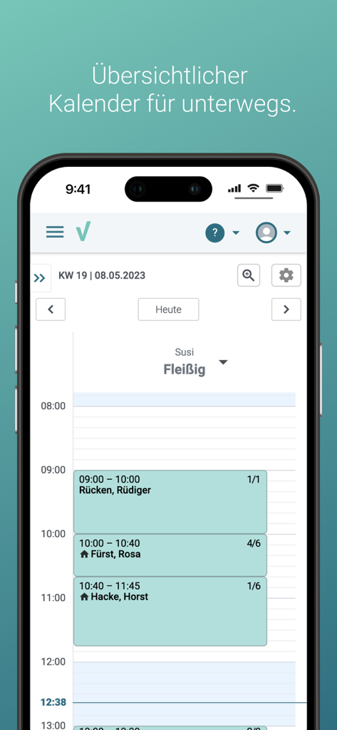 thevea - Mobile App-Oberfläche von thevea, die eine übersichtliche Tageskalenderansicht mit geplanten Therapiesitzungen für Patienten zeigt.