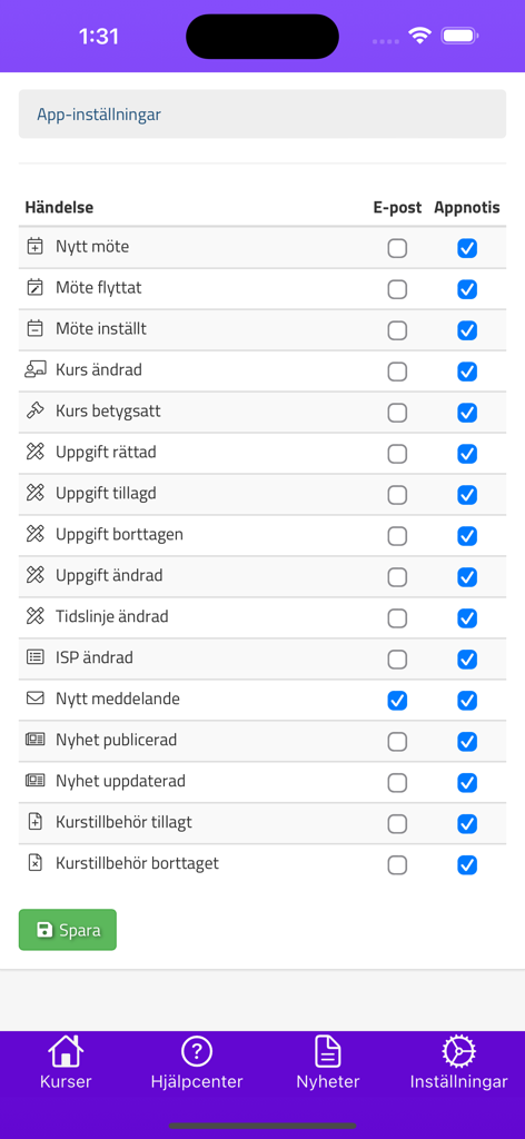 Omniway Learning - Omniway Learning app settings screen for managing email and push notifications for courses and assignments
