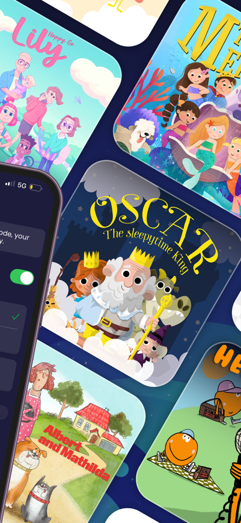 Alma Studio: Listen & Relax - A collection of colorful illustrated children's audio story covers within the Alma Studio app