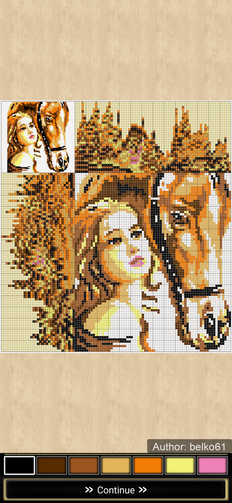 A completed large color nonogram puzzle depicting a woman and a horse