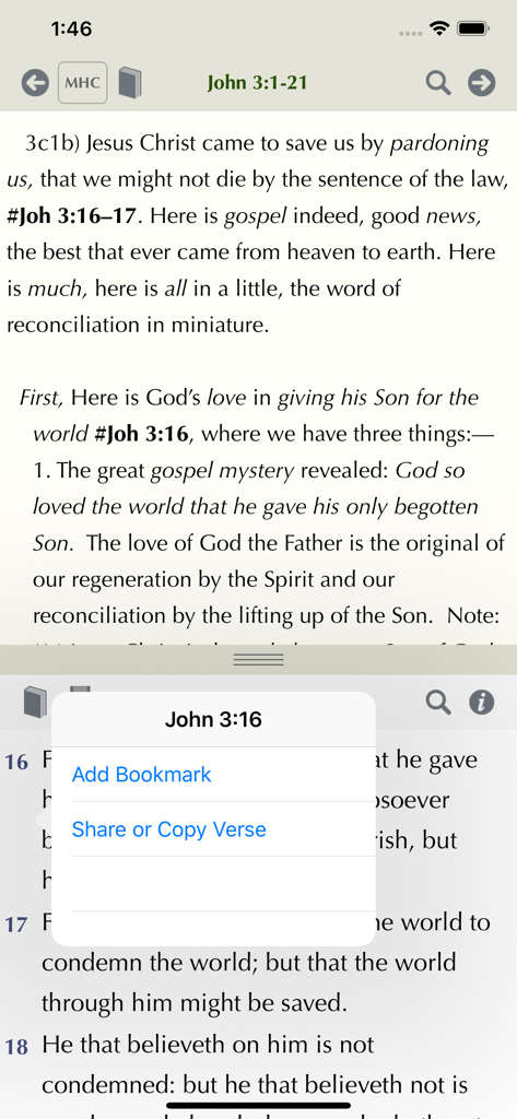 Matthew Henry Study Bible - Split screen showing Matthew Henry commentary and Bible verses with a popup menu.