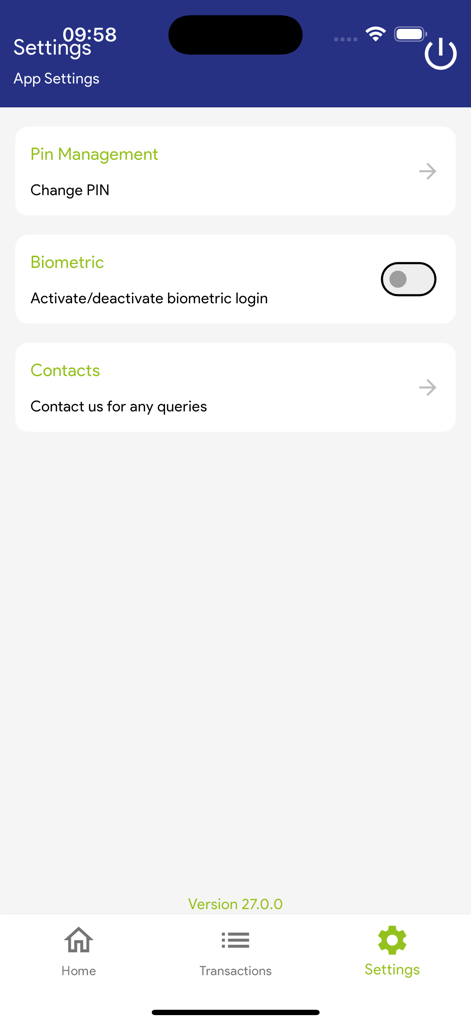 Pantalla de configuración para la aplicación móvil K-Unity Unicash con opciones de seguridad y contacto