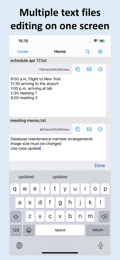 txt-maker: Create a .txt file - A mobile interface from the txt-maker app showing two separate text files being edited simultaneously on a single screen.