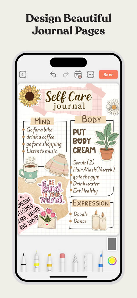 Planner, Journal, To-Do List - A digital self care journal page with aesthetic stickers and habit trackers in the PlanWiz app
