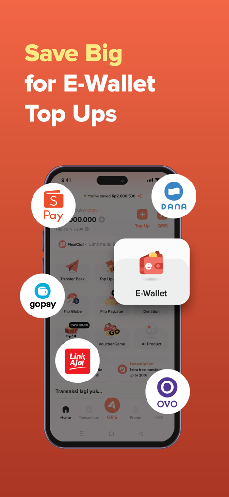 Interfaccia dell'app Flip che mostra opzioni di ricarica e-wallet per GoPay OVO e DANA