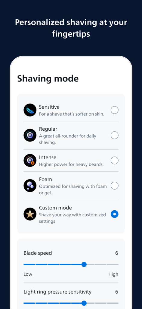GroomTribe Styling and Shaving - GroomTribe app screen showing personalized shaving modes and custom blade speed settings