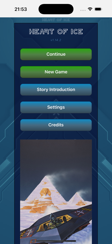 Main menu of the Heart of Ice gamebook app featuring game options and original cover art of a snowy pyramid landscape